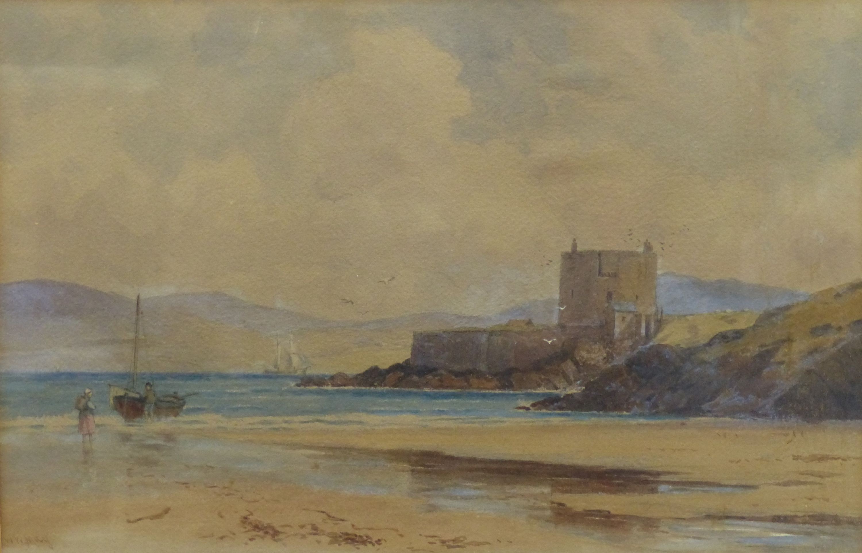 William Walter May (1831-1896), watercolour, Coastal castle, signed, 29 x 44cm